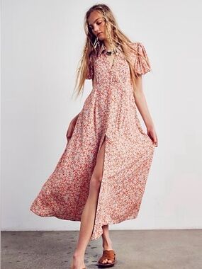 Free People Pink Floral Puff-Sleeve Maxi Dress with Front Slit